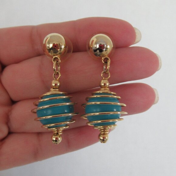 New Gold Tone Faux Turquoise Bead Dangle Pierced Earrings 1.75" Long - Picture 1 of 4